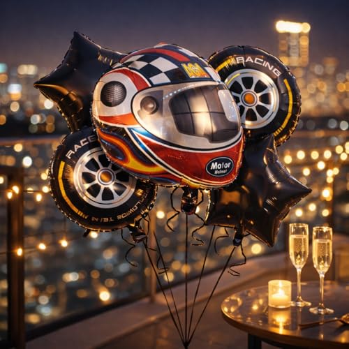 Image of Wanna Party Motor Racing Theme Balloon Set (Pack of 5) with Racing Helmet & Wheel Design Foil Balloons, Car Racing Birthday Decoration Kit for Boys Kids Party Supplies