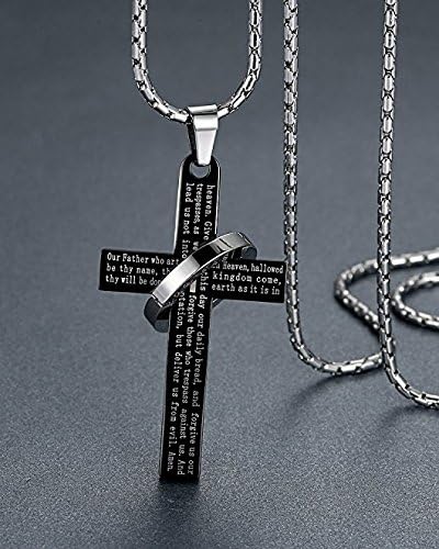 Fervent Men's Stainless Steel Chain [Lord's Prayer Necklace] Cross & Ring Halo - Black Pendant - Christmas Gift - Image 2