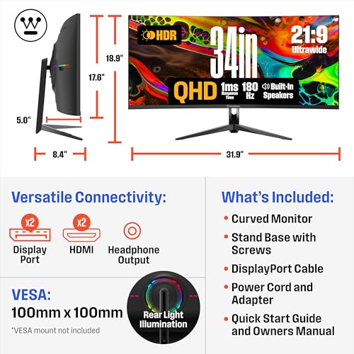 Image of Westinghouse 34 Inch Curved Gaming Monitor, 2K Ultra-WQHD(3440x1440P), AMD FreeSync Premium, 3000:1 Contrast Ratio, 122% sRGB, 180Hz, 1ms, 1500R, Eyecare, Built-in Speakers, DisplayPortx2, HDMIx2