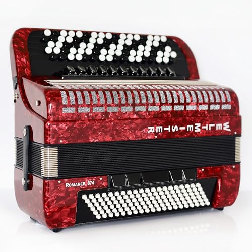 NEW 5 Rows Weltmeister Romance 874 Professional Concert Button Accordion, made in Germany, 120 Bass buttons, B-Gripp, Red Pearloid, incl Straps and Case, Professional Bayan Accordion Intsrument