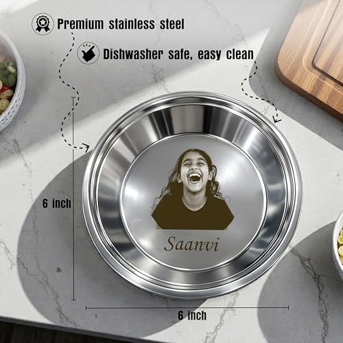 Image of Savri Personalized Kids Stainless Steel Dinner Plate - Customized Laser Photo & Name Engraved Round Plate, Spoon & Fork | Cute Cartoon Design | Baby,Toddler & Kids Gift for Birthday,Return & Daily Use