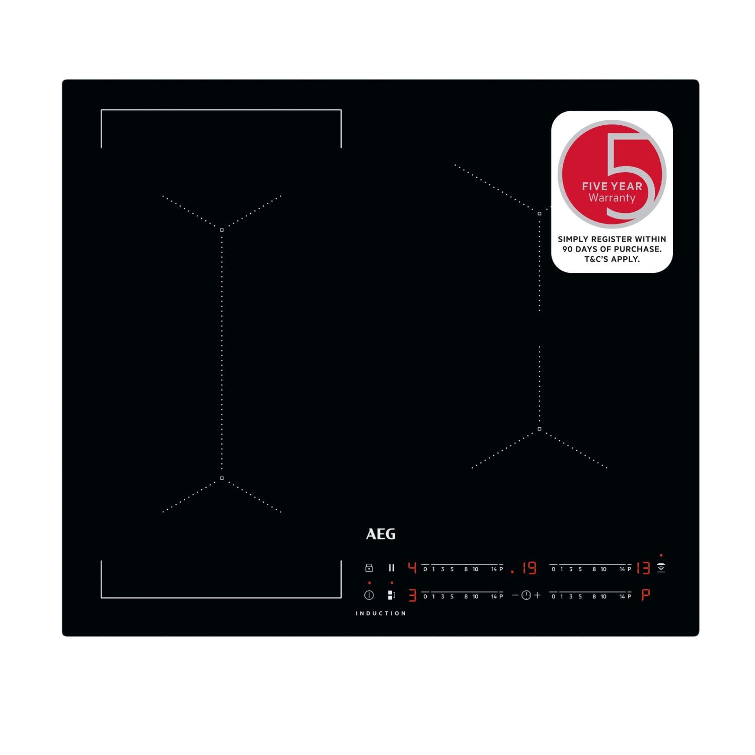 AEG 6000 Series Induction Hob, IKX64441CB, 4 Cooking Zones 60cm, Flexible Bridge Zones, Hob2Hood, Built-In Hob Timer, Key-lock, Assisted Cooking Sensors, 3 Step Residual Heat, 44x560x490mm, Black
