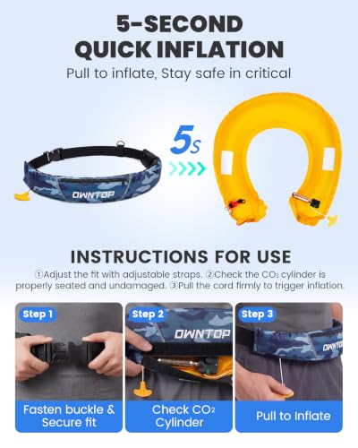 Image of Owntop Manual Inflatable Belt Pack, Adults Swim Jacket with Blowpipe & Whistle, 24g CO2 Cylinder Included, Low Profile for Kayaking, Fishing, Paddle Sports