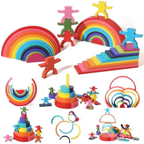 40-Piece Wooden Rainbow Stack Set, 4-in-1 Building Blocks prescho...