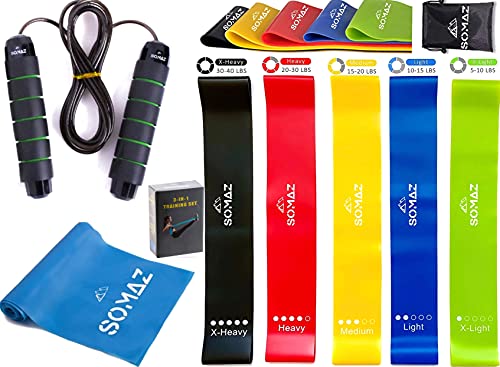 SOMAZ Resistance Bands & Jump Rope & Long Stretchy Resistance Bands, 3-in-1 Training Set, Exercise Bands, Therapy Bands, Latex Band, Yoga Bands, Workout Bands, Band Loops
