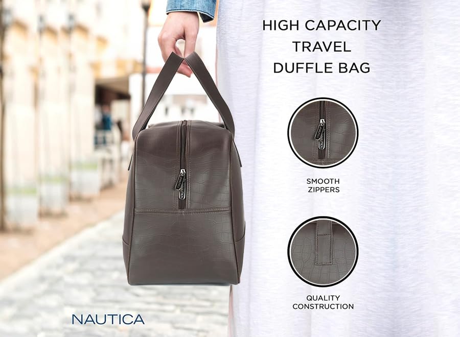 Image of Nautica Unisex 25L PU Duffle Bag for Travel | Stylish Leatherette Cabin Luggage with Smooth Zippers | Compact, Comfortable & Spacious for Weekend Trips, Gym & Everyday Use | Brown