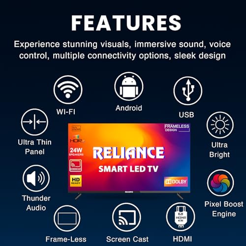 Image of Reliance 80 cm (32 Inch) HD Ready Smart Android LED TV 2026 Edition | 24W Front Boom Speakers | 1000+ Apps | Built-in WiFi | Mobile Screen Cast | Gaming Support | Slim Design Television (RW32MP8676HD)