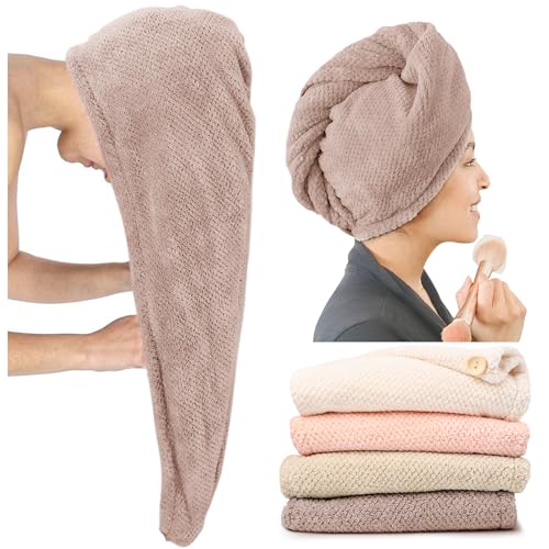 Image of ROLSHOL Extra Large 4 Pack Microfiber Hair Towel Wrap for Women Super Absorbent & Quick Dry Hair Drying Towels with Button, Hair Turbans for Curly Hair Long & Short Hair - Anti-Frizz (Pink Pinstripe)