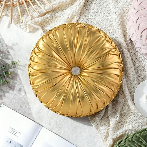 Image of HIG Set of 2 Handcrafted Gold Ruched Round Throw Pillows - 14.5'' Metallic Leather Decorative Pillows with Soft Polyester Filling for Couch, Bed, Living Room, Bedroom, or Dorm