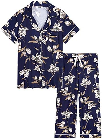 Joyaria Womens Cooling/Cool Pajamas Button Up Sleepwear Comfy/Comfortable Pj Set (Lilies Navy, Small)