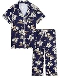 Joyaria Womens Cooling/Cool Pajamas Button Up Sleepwear Comfy/Comfortable Pj Set (Lilies Navy, Small