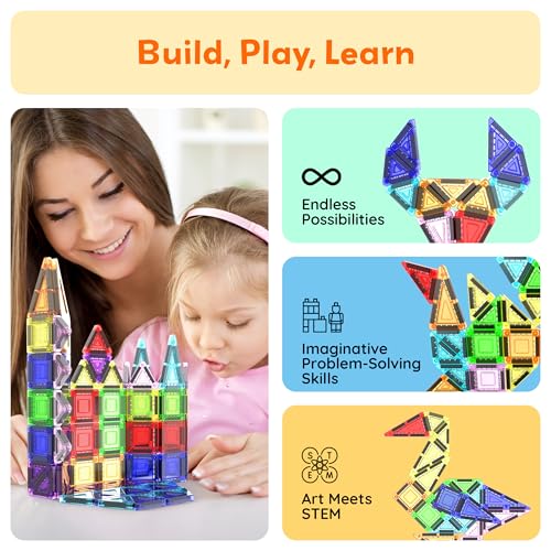 Image of PicassoTiles 40 PCS Mini Magnetic Tiles Travel Toy Educational Building Set | BPA-free plastic construction, age 3+ STEM learning, hand-eye coordination, compact storage box, portable geometric blocks