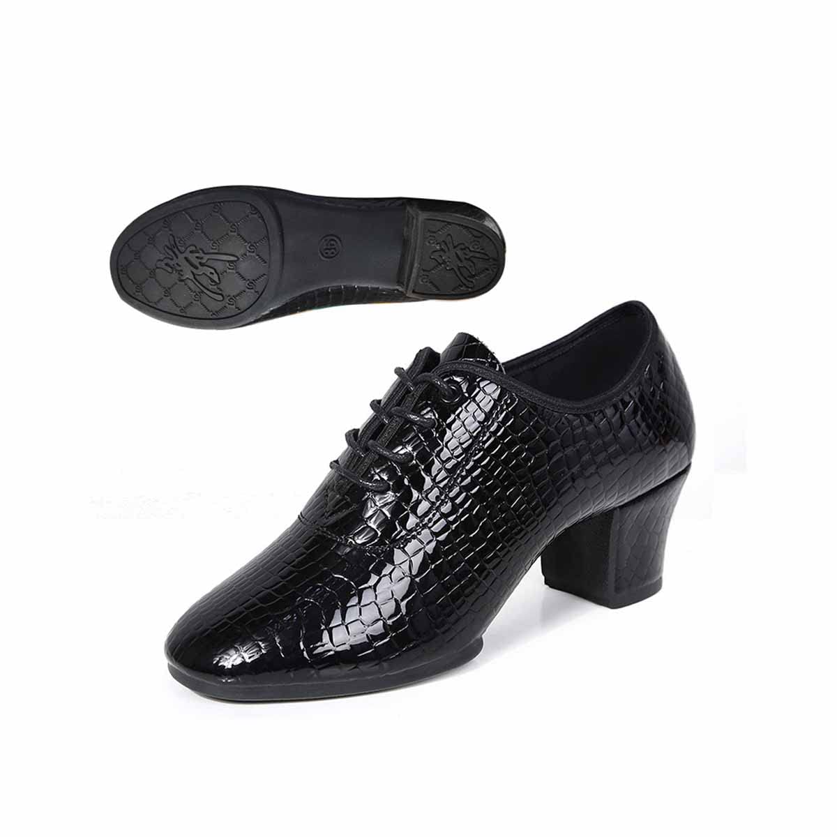 MSYINGL Women Latin Ballroom Dance Shoes,Stone Pattern Leather Lace Up Tap Shoes,Modern Salsa Practice Dance Shoes (Black 2,9.5)