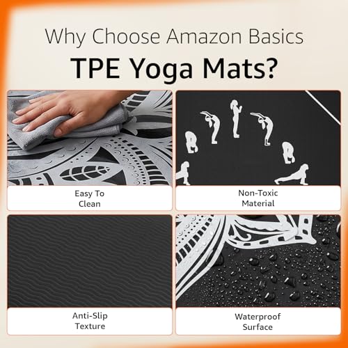 Image of Amazon Basics Alignment TPE Yoga Mat with Yoga Strap | 6 mm Thick | Guide Line Alignment for Posture Accuracy | Non-Slip Grippy Surface | Lightweight & Durable | Floor Protection | Ideal for Yoga, Pilates, Stretching & Fitness | 183 x 61 cm | Black