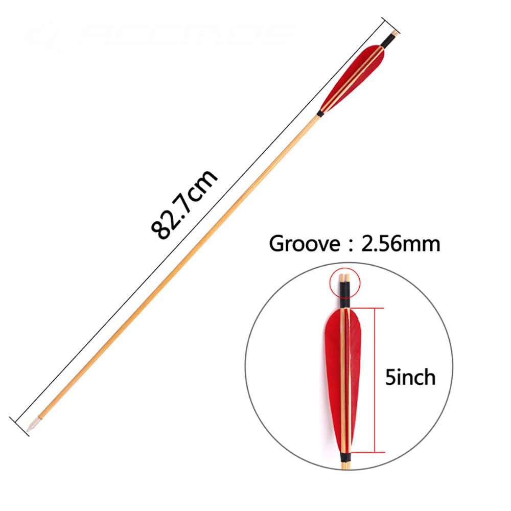 12 Pezzi OD 8 mm Freccia di Legno 5 Pollici Rosso Forma della Goccia Piuma di Tacchino, 82 cm di Lunghezza per Arco e Freccia Tiro con L'Arco Pratica e Caccia