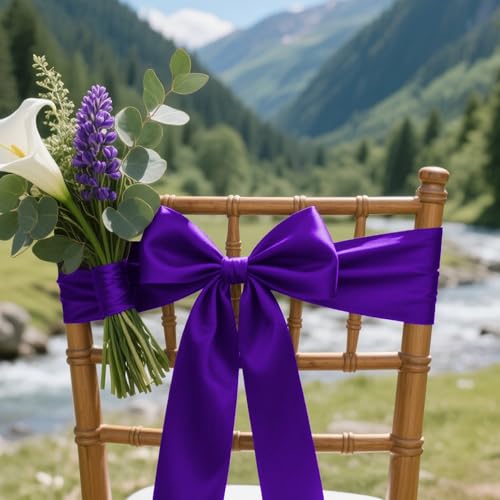 Image of Purple Satin Ribbon 4 inch X 15 Yards Polyester Ribbon for Gift Wrapping Very Suitable for Weddings Party Hair Bow Invitation Decorations and More