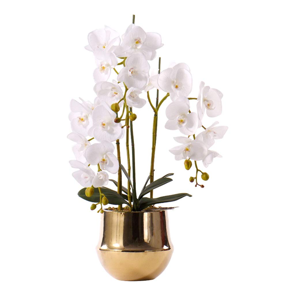 Sztuczne kwiaty w doniczce, sztuczne jedwabne białe kwiaty Phalaenopsis w złotym wazonie, bukiety orchidei na wesele, wystrój wnętrz i na zewnątrz, sztuczne kompozycje kwiatow,