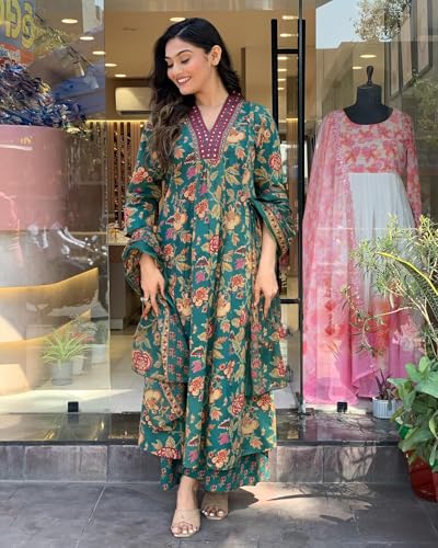 Image of GoSriKi Women's Rayon Viscose Anarkali Printed Kurta with Palazzo & Dupatta