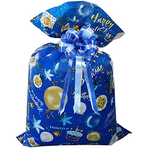 56× 36 Inches Jumbo Gift Bag for Birthday Gifts, Giant Plastic Birthday Gift Bag, Extra Large Gift Bag for Large Presents Birthday Baby Shower(with Blue Pull Bow) Cover