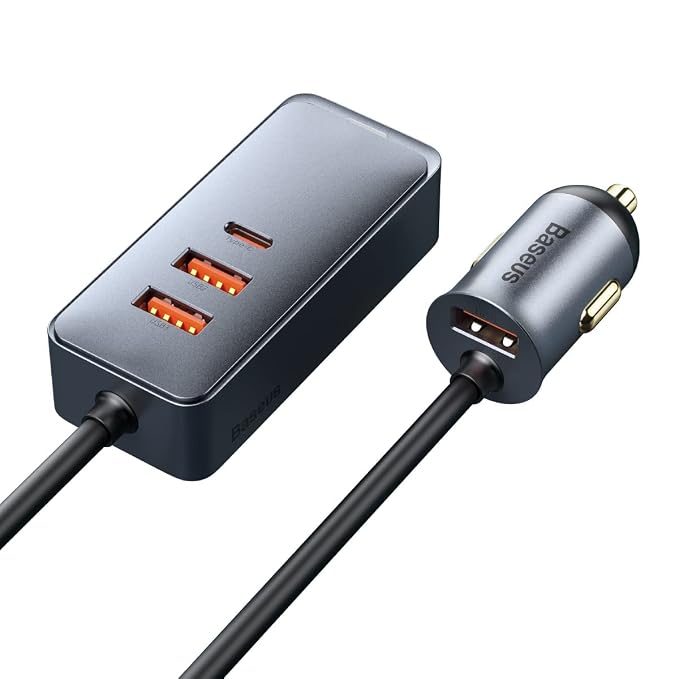 Baseus Share Together 120W Multi-Port Car Charger 3 USB + Type-C PPS Fast Charging Car Charger Quick Charge Power Delivery with Extension Cable with Clip-on for Backseat Passengers