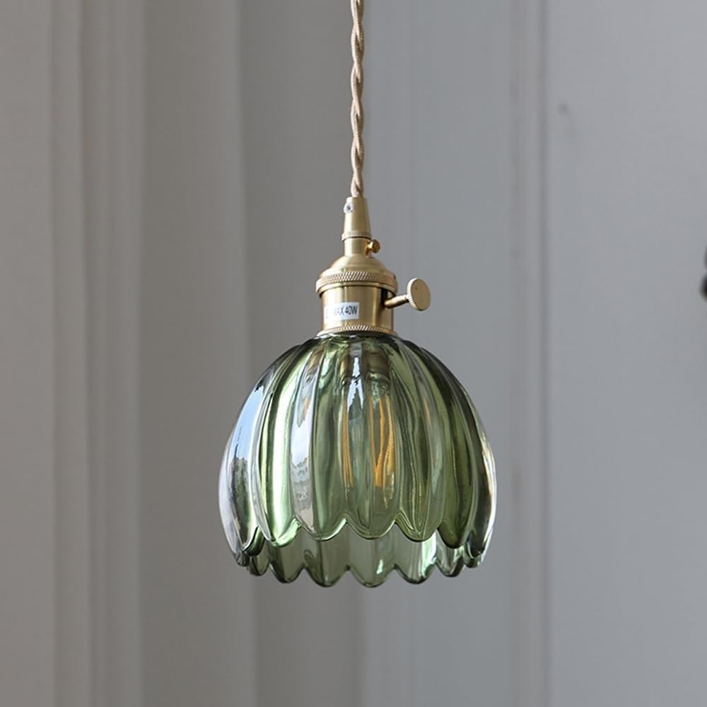 FEITENGDA Modern Nordic Tulips Glass Pendant Light Brass Socket Flower Shaped Pendant Light with Rotary Switch Adjustable Cord Chandelier for Kitchen Island Bedroom(Green)