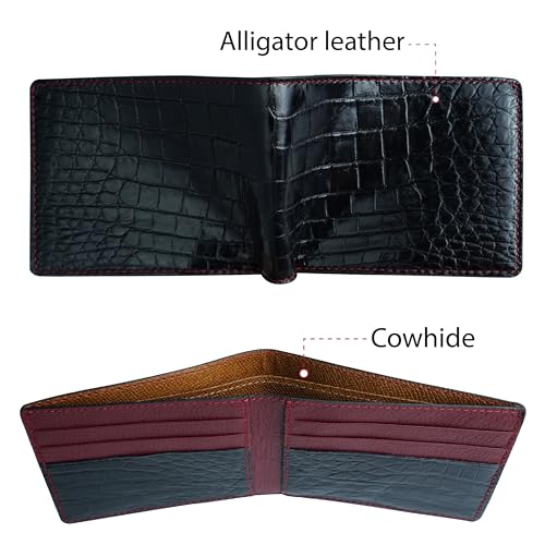Image of Mens Black Red Slim Bifold Leather Wallets RFID Blocking Leather Wallet Double Side Luxury Passcase with ID Window Classic Handmade Gift for Dad Son Husband Boyfriend, Wedding, Father's Day VIMIX-81