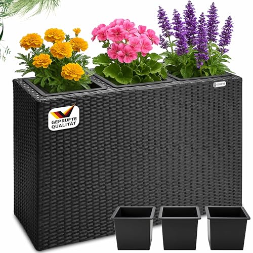 Casaria Bac à Fleurs polyrotin Noir 3 Compartiments 83x30,5x60 cm Pot de Fleurs Vertical intérieur extérieur