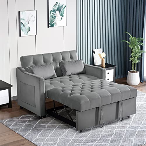 Velvet Pull Out Sleeper Sofa Bed, Convertible Futon Couch Bed With Adjustable Backrests, 3 In 1 Modern Loveseat With 2 Pockets And Pillows, Small Love Seat For Living Room, Guest Room, Dark Grey #TOP7