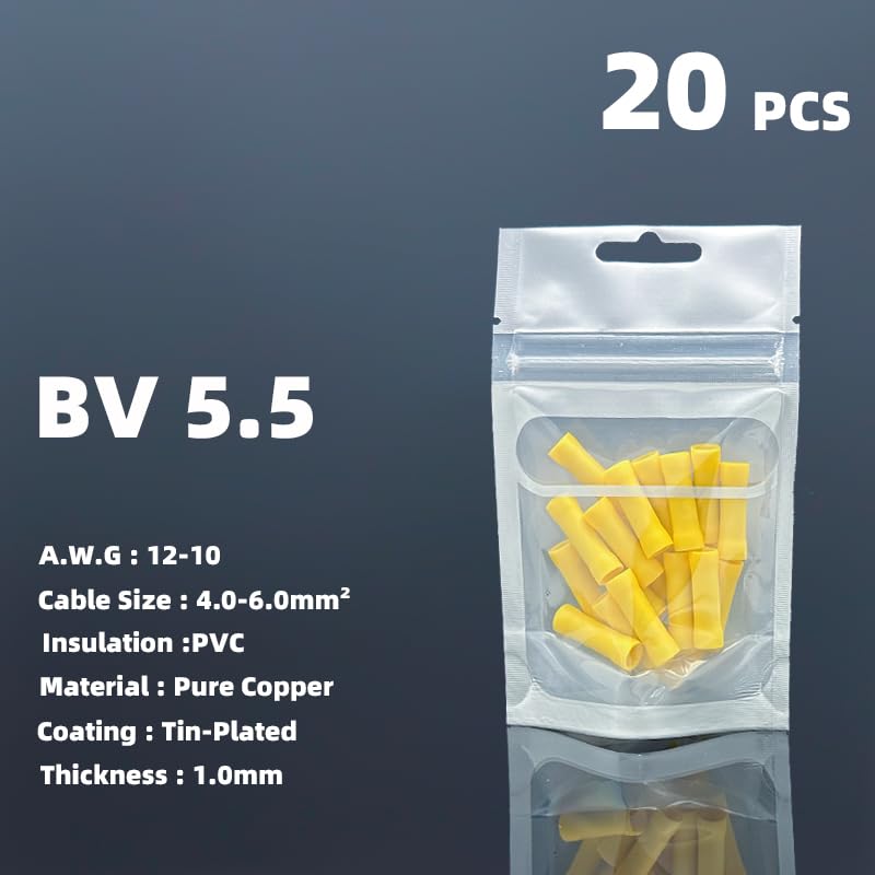 POWTAXBJGD BV1.25/2/5.5 PVC Insulated Pure Copper Butt Splice Connector Electrical Wire Middle Butt Crimping Terminal AWG22-10(20Pcs BV5.5)