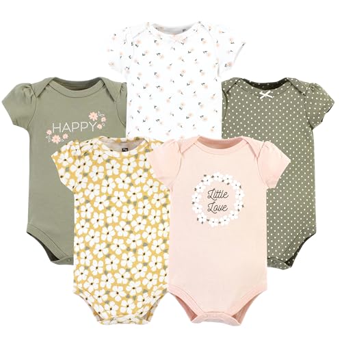 Image of Hudson Baby Unisex Baby Cotton Bodysuits, Sage Floral Wreath 5 Pack, Newborn