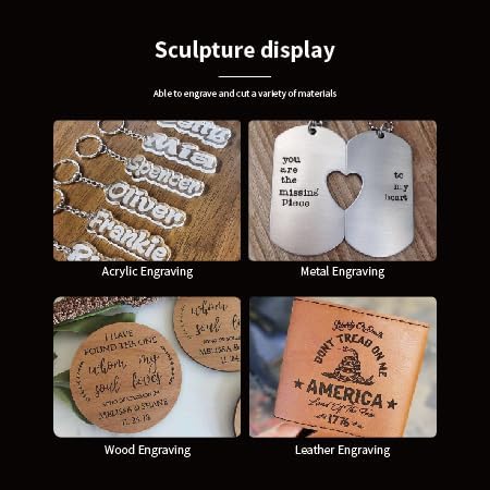 Чотири ексamples of laser engraved items: acrylic keychains, metal dog tags, wooden coasters, and a leather wallet