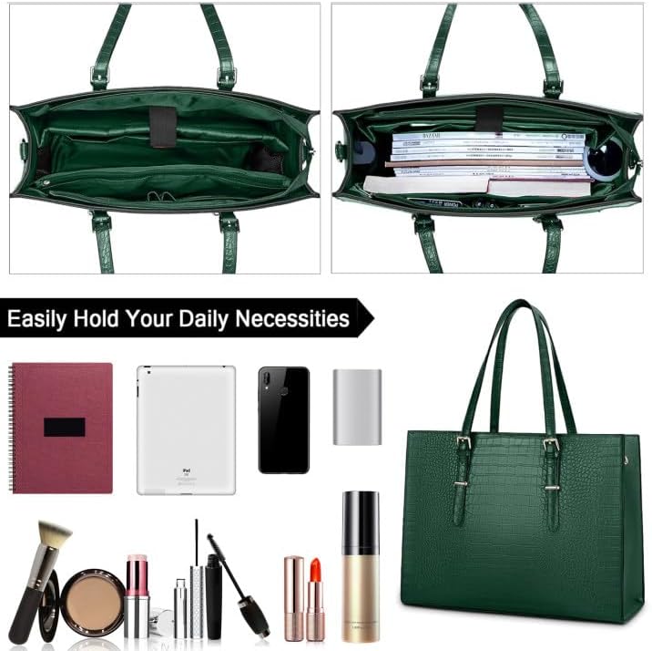 Laptop Bag for Women 15.6 Inch Laptop Tote Bag Leather Classy Computer Briefcase for Work Waterproof Handbag Professional Shoulder Bag Women Business Office Bag Large Capacity Green - Image 3