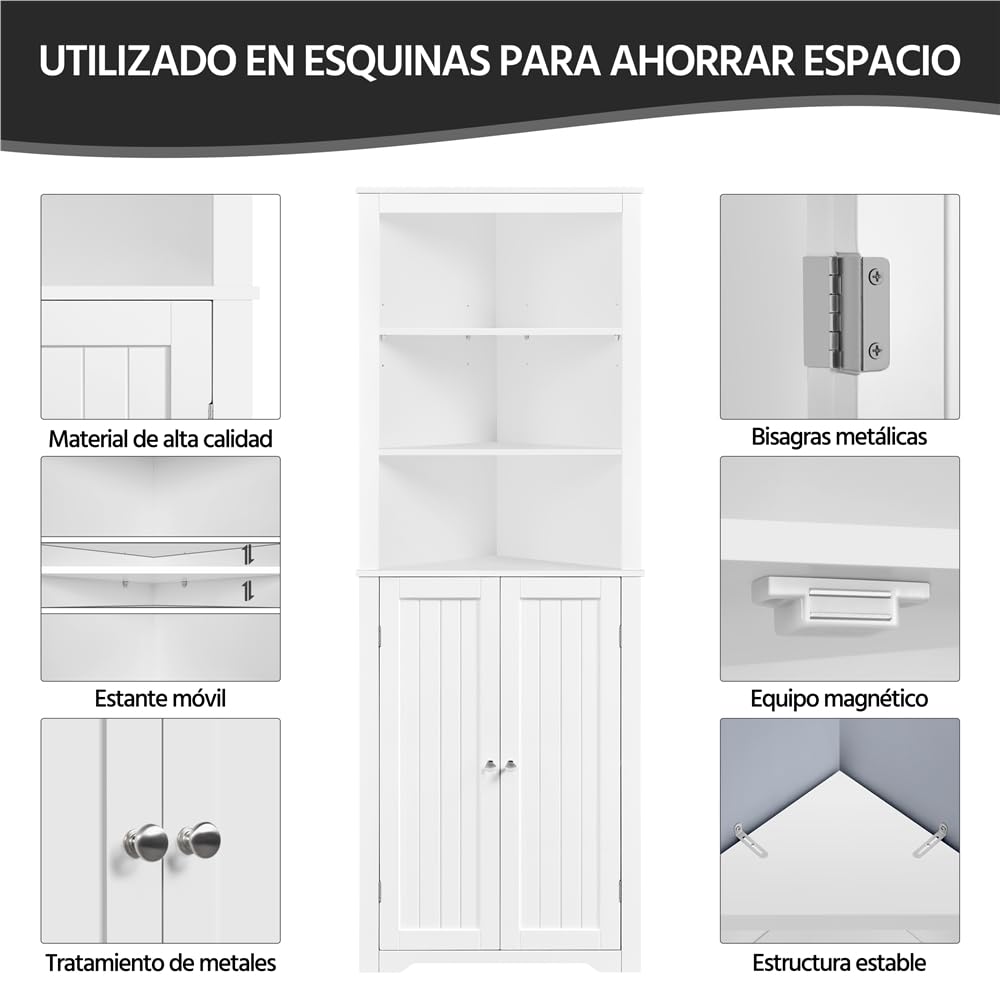 Yaheetech Mueble de Baño de Esquina Gabinete Triángulo 163x60x43cm Blanco | con 3 Estantes de Madera Abiertos y 1 Armario de 3 Alturas Ajustables con Protección Antivuelco