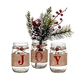 V-More® Christmas Holiday Mason Jar Flower Vase Glass Candle Holder Rustic Style with Burlap Rap Jute Bowknot and Small Red Bell 5-inch Tall for Home Decor Wedding Party and Celebration (Set of 1)