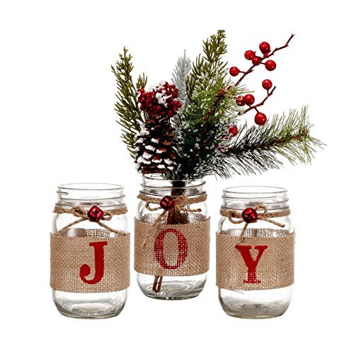 V-More® Christmas Holiday Mason Jar Flower Vase Glass Candle Holder Rustic Style with Burlap Rap Jute Bowknot and Small Red Bell 5-inch Tall for Home Decor Wedding Party and Celebration (Set of 1)