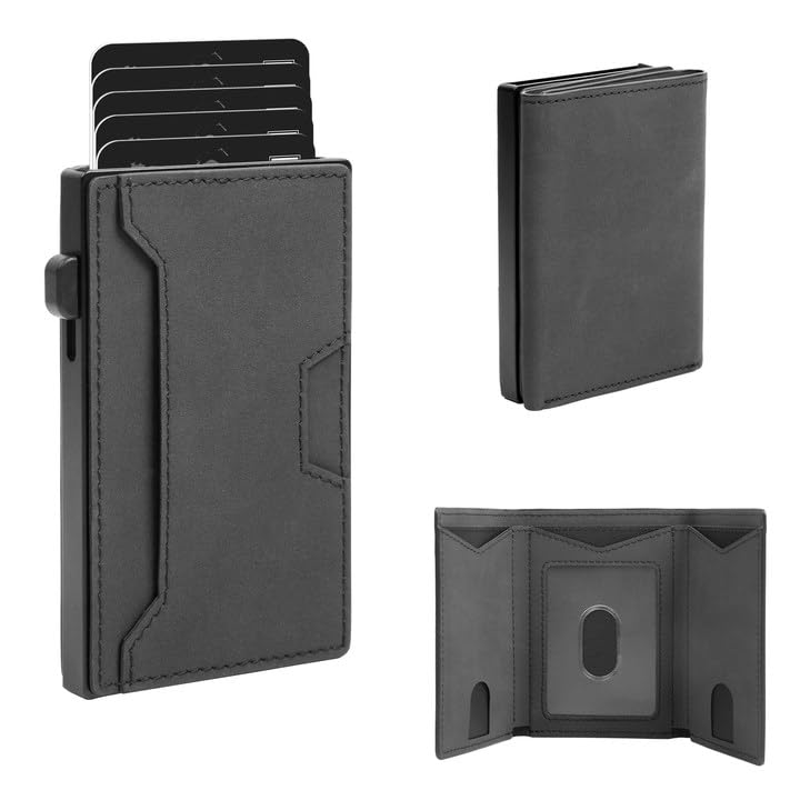 GoodtoU Card Holder Wallet Smart Wallet Mens Card Holder for 8-14 Cards, ID Window, Card Wallet Men Minimalist Wallet with Cash Slot, Easily Removable Cards Trifold Wallet (Black, No AirTag)