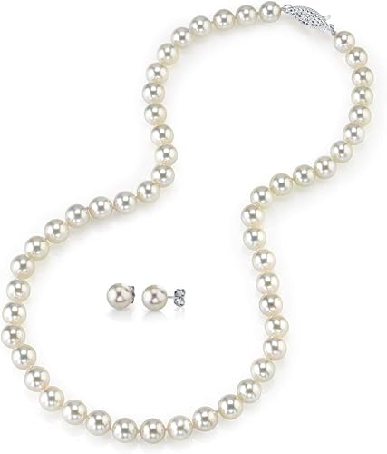 The Pearl Source El juego de perlas cultivadas Akoya blancas para mujer incluye collar de 18 pulgadas y aretes de tuerca con oro de 14 quilates en