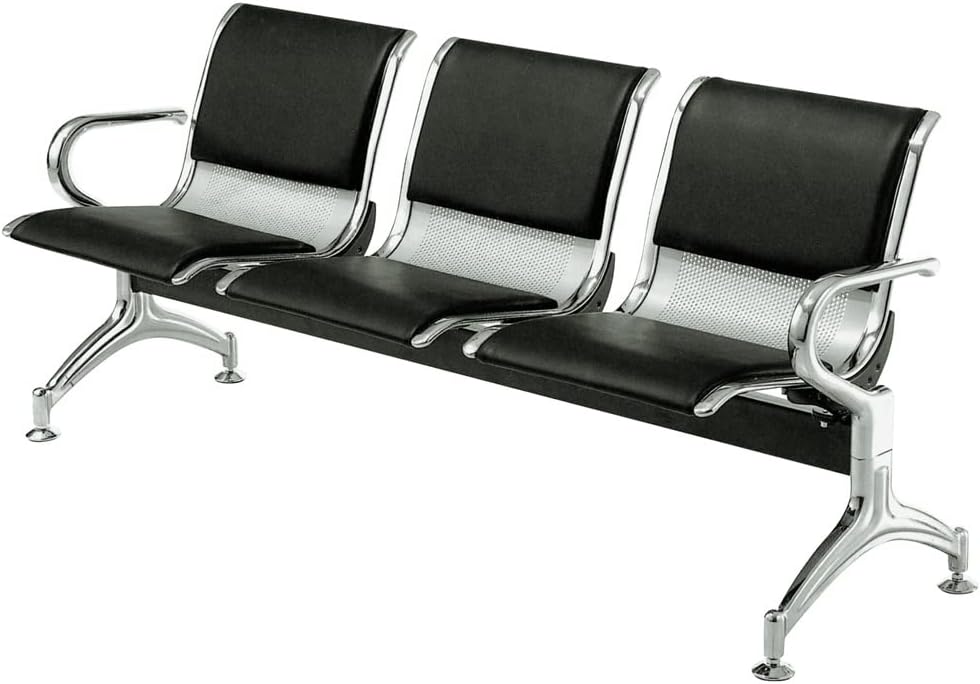 ABC Silver Metal Airport Chair, 3 Seater, Contemporary Style, Chrome Finish, Perforated Seats, Welded Connections, Office Use