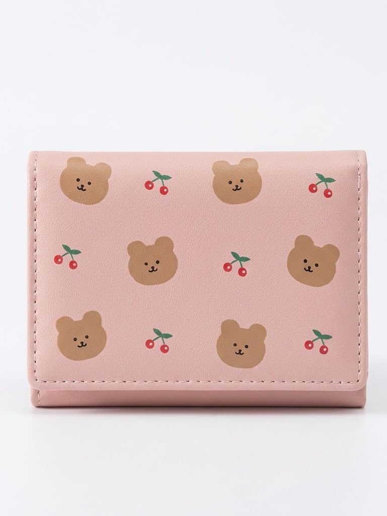 hotgown Cute Bear Cherry Print Trifold Wallet – PU Leather Slim Purse with Card Slots, ID Window & Zipper Pocket | Kawaii Mini Wallet for Girls & Teens (Pink)-picture-42