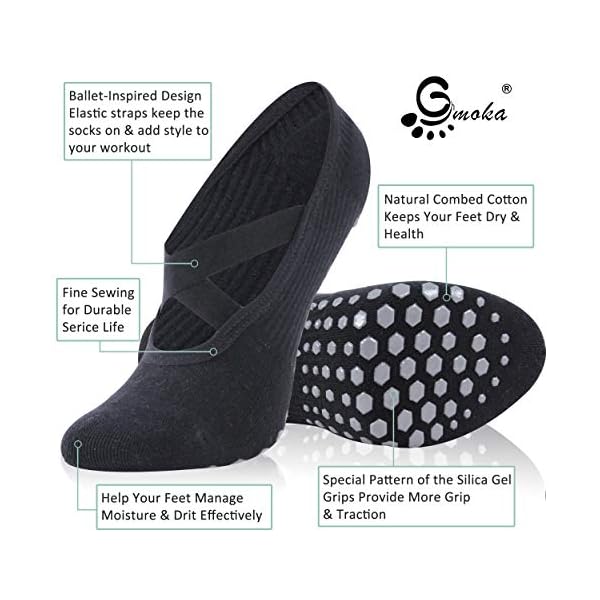 Yoga Socks for Women, Non-Slip Grips & Straps, Home Work Ideal for Pilates, Pure Barre, Ballet, Dance, Barefoot Workout Equipment Non Skid Socks(3Pairs-Black+Grey+Fuchsia-Instep Cross Strap Medium)