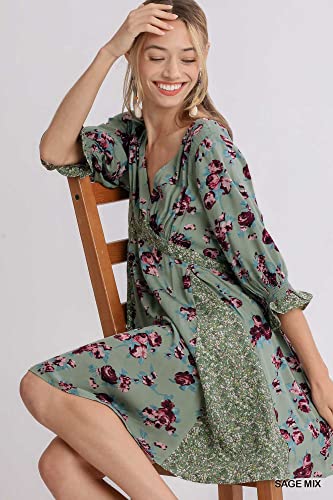 Umgee Usa Women's Mixed Floral Print Babydoll Mini Dress (Xl, Sage) #TOP2