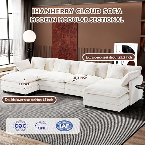 Image of Ihanherry 146 inch U-Shaped Modern Sofa Modular Sectional Cloud Couch with 2 Ottoman, 6-Seat Chenille Deep Seat Sofa with 6 Pillows for Living Room, Bedroom and Apartment, Beige