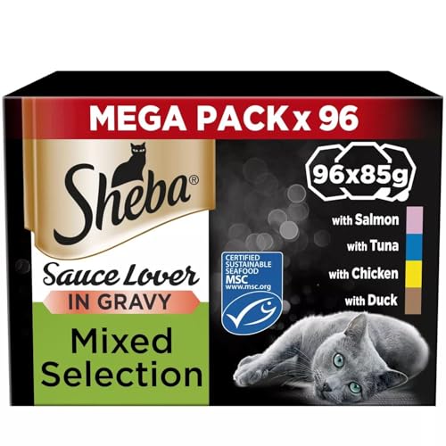 Sheba Sauce Lover Wet Cat Food Trays Mixed Selection in Gravy 96 x 85g Tender Meat Rich Sauce Complete Nutrition