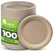 Munfix 100% Compostable Paper Plates 100 Pack, 6 Inch Heavy Duty Biodegradable Microwavable Disposable Brown Dessert Plates, Made of Eco-Friendly, Natural Unbleached Sugarcane Bagasse