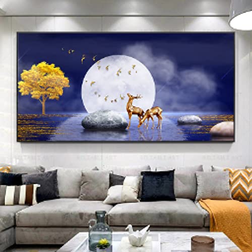 Peinture sur toile arbre doré et cerf style chinois 30x60cm sans cadre pour salon élégant