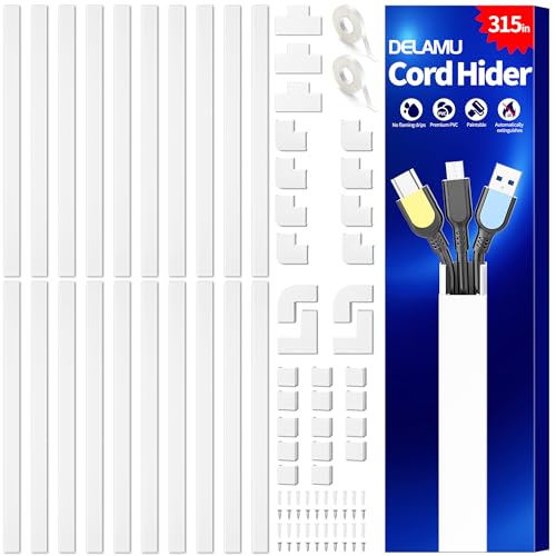 Delamu Cord Hider, 315in Wire Covers for 2-3 Cords on Wall, Premium Cable Hider Cord Covers for Wires on Wall, Cable Management Wire Hiders for TV, Cable Raceway Kit, L15.7X W0.95x H0.55in, White