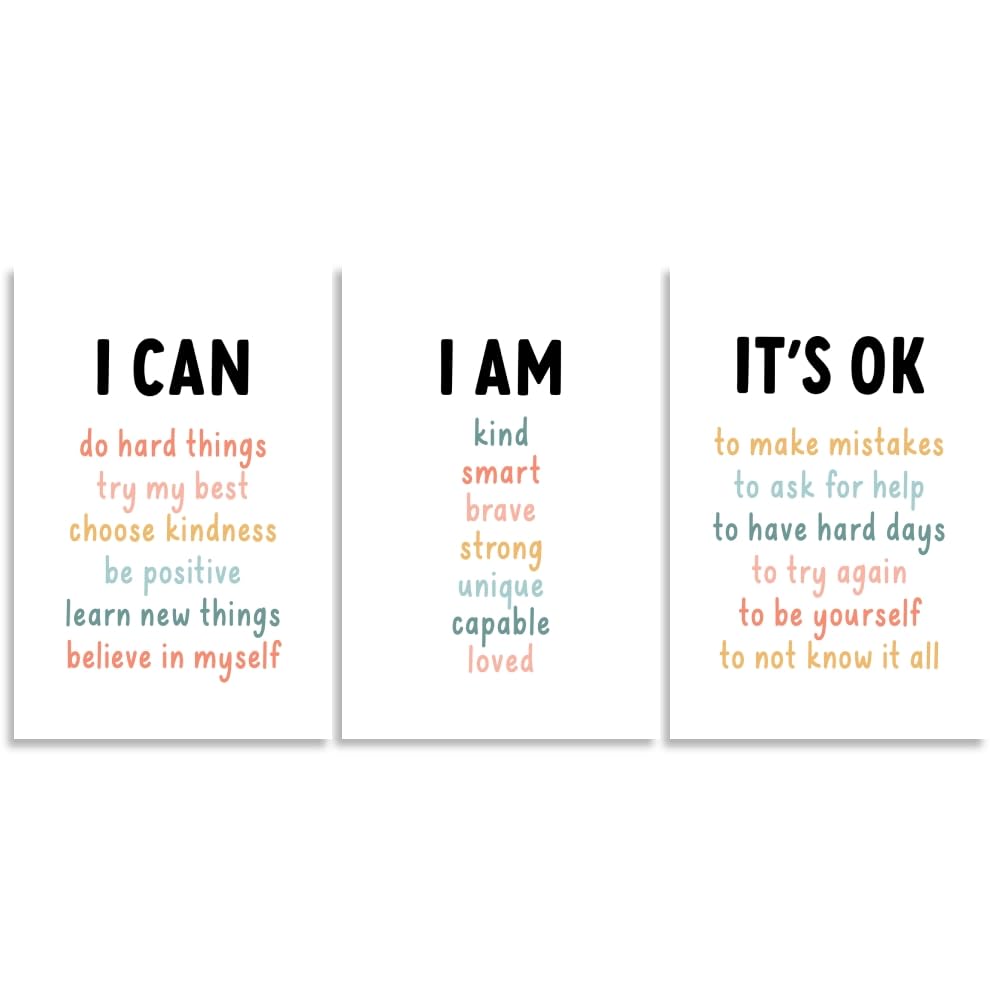 Motivational Poster Set of 3 Daily Positive Affirmation Wall Art for Kids Inspirational Wall Decor I CAN, IT’S OK, I AM Quotes Canvas Prints For
