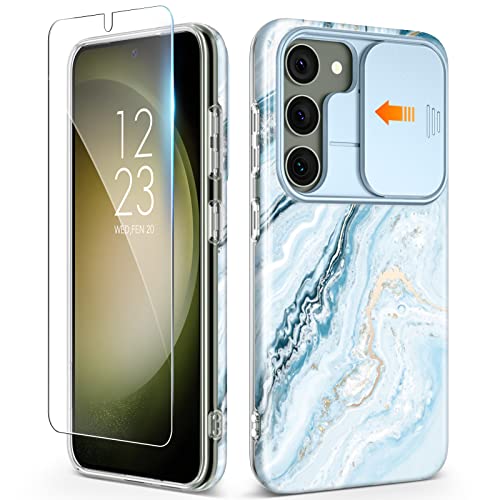 Gviewin Case Compatible With Samsung Galaxy S23 Plus With Slide Camera Cover + Screen Protector, [10Ft Military Shockproof] Marble Slim Protective Phone Case, 5G 6.6-Inch 2023 (Seasalt/Blue) #TOP13