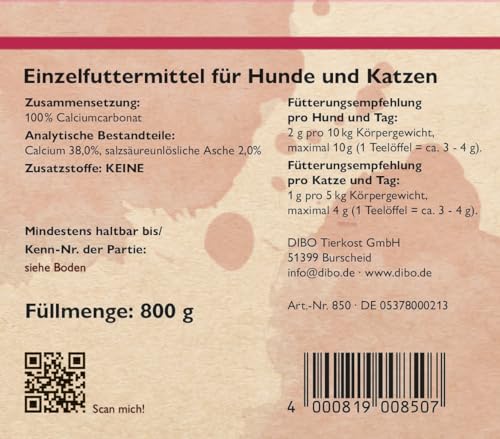 DIBO Calcium Plus, 800g-Dose, Futterergänzung als gesunde, natürliche, artgerechte Ernährung für Hunde und Katzen, Hundefutter, Barf, B.A.R.F. Pulver