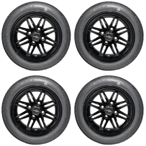 RockTrix 12 inch Golf Cart Wheels Tires Combo Kit, RT103 Gloss Black 12x7 Rims 215/40-12 Low Profile Tires, No Lift Kit Required, Fits Club Car Precedent EZGO TXT RXV Yamaha G1-G29, Set of 4
